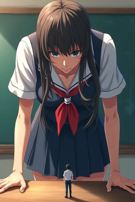   A girl in a school uniform is standing in front of a table  , facing us.   She holds the table with her hands and leans on him . shes big  ,   takes up all the space in the back  .   There is a little man 5 cm tall on the table  , male.   He is standing ...