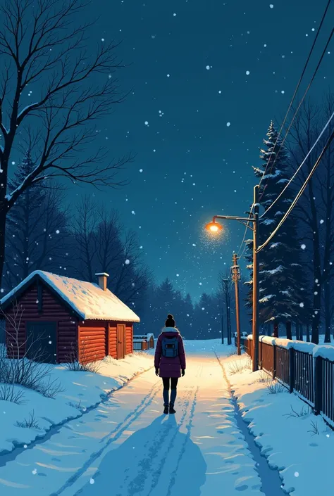 snowy night scene of a woman walking in the snow, by Alena Aenami, lo-fi illustration style, art of alena aenami, artistic. alena aenami, anato finnstark and alena aenami, nostalgic melancholic artwork, by Atey Ghailan, in style of atey ghailan, inspired b...