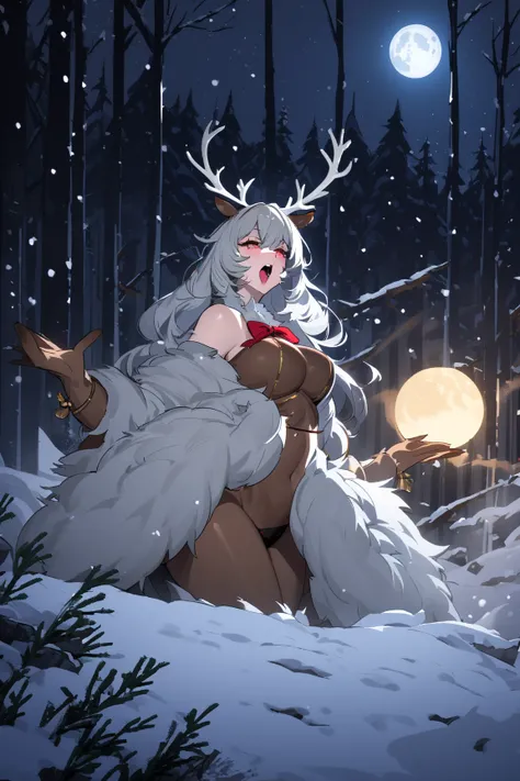 a sexy woman being transformed into a reindeer by the full moon, howling at the moon, nighttime, snowy forest, 1girl, solo