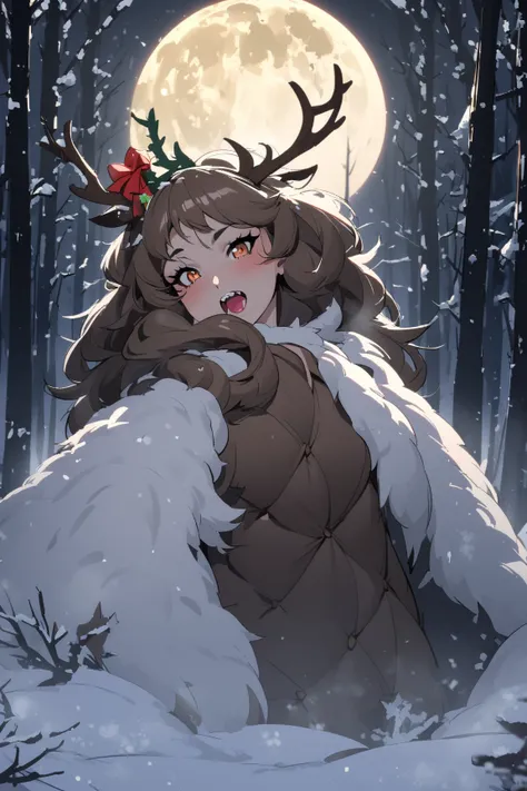 a sexy woman being transformed into a reindeer by the full moon, howling at the moon, nighttime, snowy forest, 1girl, solo