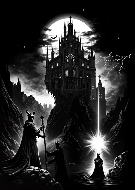 An eerie, gothic cathedral rising into a stormy, dark sky, illuminated by a glowing full moon behind it. The cathedral is adorned with intricate, sharp spires, ominous glowing windows, and dark, supernatural energy emanating from its structure. Surrounding...