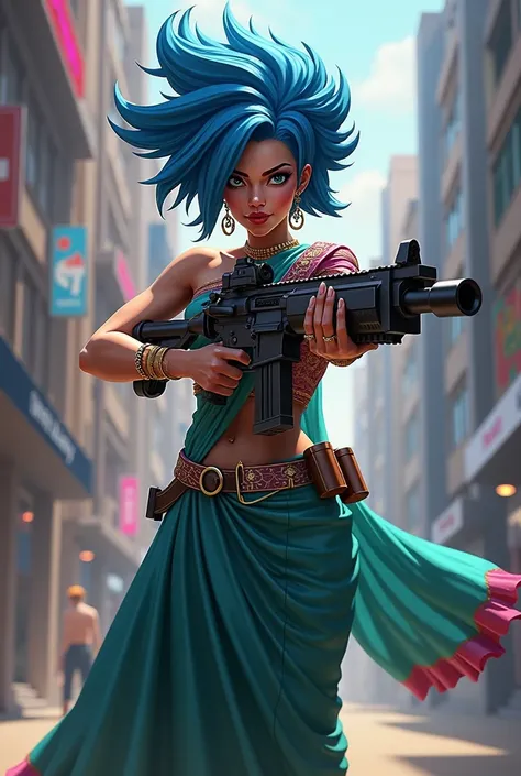 Generate picture of jinx in arcane wearing saree and blouse firing with gun in the series.anime style 