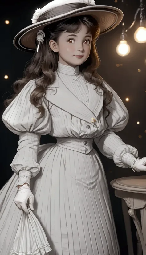 a pretty 9yo brunette girl in an elegant white 1900_dr3ss, year 1904, high-collar shirtwaist with long puffed sleeves, flower-brimmed hat, gloves, knee-length skirt, petticoats, white silk stockings, white boots, full body, (best quality,4k,8k,highres,mast...