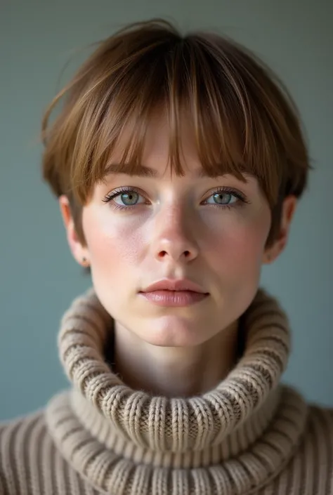 a close up of a woman with a short haircut and a sweater, a picture by Emma Andijewska, reddit, photorealism, with short hair with bangs, neat hair with bangs, short blonde hair with bangs, headshot profile picture, short brown hair with bangs, with bangs,...