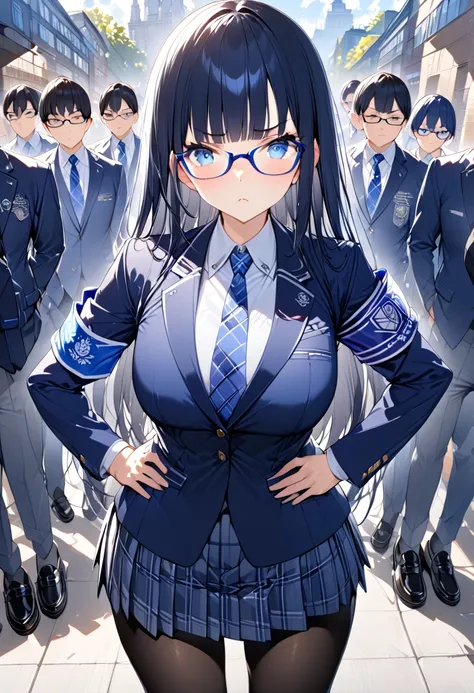 One high school student、 top quality 、 very detailed、 high res illustration 、 ultra high definition CG 、８k size wallpaper、 beautiful glossy black hair、 beautiful, Clear blue eyes、Glasses、 straight hair 、bangs、hime cut、 indigo blue blazer with emblem on lef...