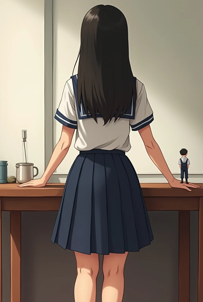    A girl in a school uniform is standing in front of a table   , facing us.    She holds the table with her hands and leans on it  . shes big   ,    takes up all the space in the back   .    There is a small man 5 cm tall on the table  , male.    He is st...