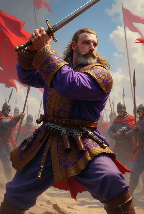 An cossack ataman, with intricate clothes, aggressive, fighting with scimitar, dynamic pose, dueling stance, painting style. Rich clothes, colorfull mostly violet and gold , battle equipment, flag of the cossack uprising in the background, alone, brown b w...