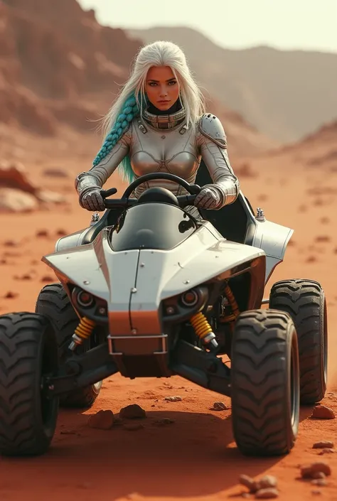 Young sexy girl with white hair with a slight bluish tinge with a braid driving a Martian jeep in astronaut clothes