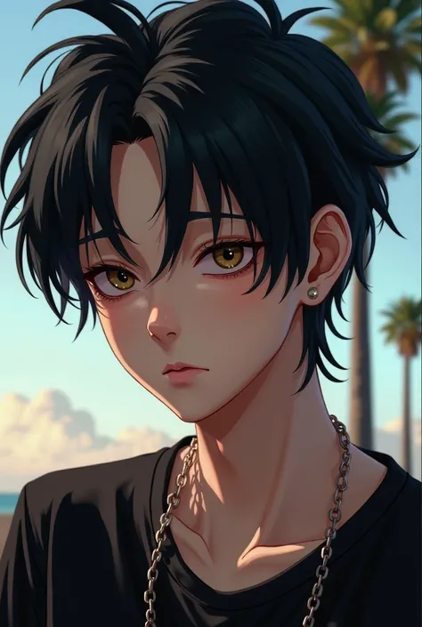 a close up of a person with a black shirt and a palm tree, digital art inspired by Gang Se-hwang, tumblr, digital art, imvu, virtual self, giga chad crying, detailed punk hair, second life avatar, lblsck hair, male ulzzang, very aesthetic!!!!!!, eboy, real...