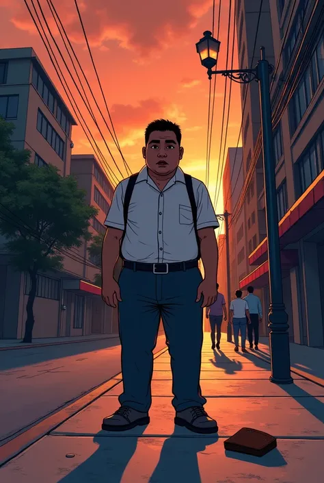 Create a digital illustration in classic Thai ghost story comic style (similar to Khai Maew):
- Setting: Empty city street at dusk, warm orange sky
- Main focus: Somchai (35, chubby office worker) walking home, spotting a brown leather wallet on the sidewa...