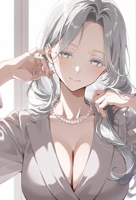 solo, alone, An elegant mature woman with silver hair and grey eyes ((colored eyelashes)). She has parted bangs. Her wavy long hair is organised properly. She is wearing a mature woman outfit with a single pearl necklace. A playful smile. Setting is indoor...