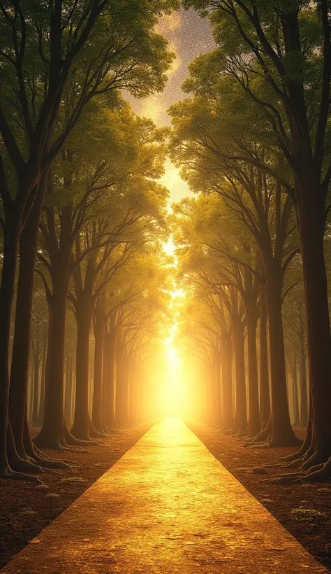 A golden pathway stretching across a celestial forest, surrounded by trees with glowing leaves and roots extending infinitely. At the end of the pathway, a brilliant, formless light radiates, symbolizing God’s timeless existence. The sky above shimmers wit...