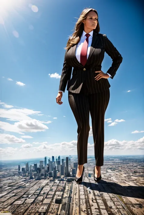 Looking up at the approaching young giantess, Giantess art, 500 miles tall giga giantess, young sophisticated and stylish woman in a black italian pinstriped trouser suit, form fitting crisp office shirt, and a large wide yellow necktie in a windsor knot, ...