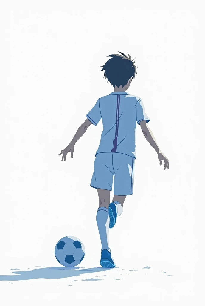 Anime drawing of Oliver Atom Kawai silhouette white background with white and blue soccer uniform and blue shoes 