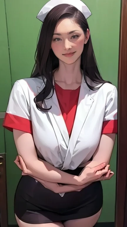     there are nurses in nurse uniforms in hospitals  、  black stockings in a dark prison  、 There is a nurse wearing   、   long hair、   Slim waist  、    Big Chest in a Temple   、   smiles gently