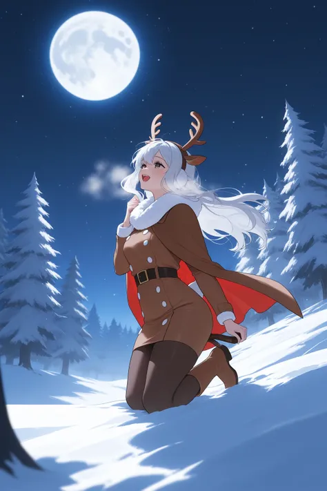 a sexy woman being transformed into a reindeer by the full moon, howling at the moon, nighttime, snowy forest, 1girl, solo