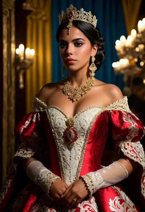 (Ultra 4K,  better quality),  realistic style  ,  Detailed  ,  of a beautiful young Venezuelan woman ,   Dressed in a beautiful   ,long and wide damask queen dress , who represents Venezuelan culture 