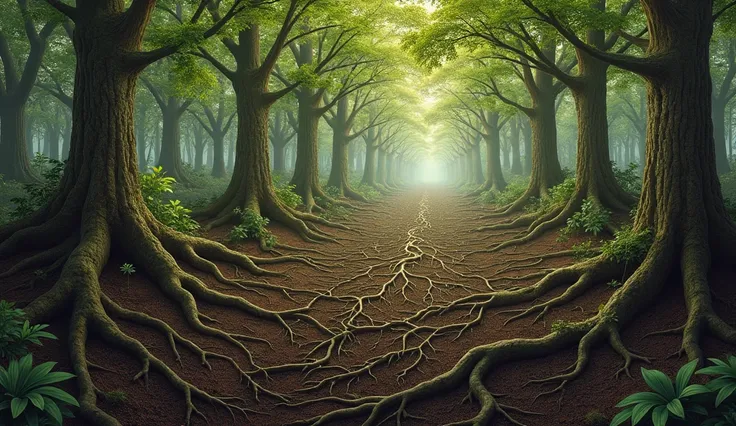 "An intricate underground depiction showing the interconnected root system of trees, forming a vast Wood Wide Web. This natural network enables trees to communicate, share nutrients, and support each other. The scene highlights the complexity of this hidde...