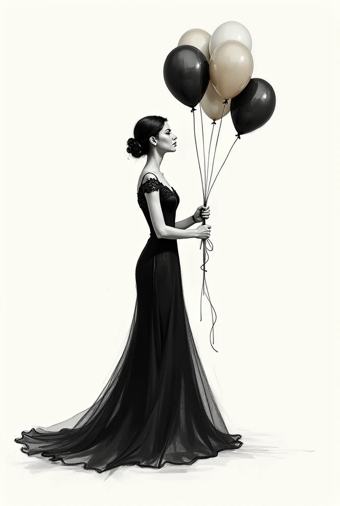 Sketcg of side pose of a bride wearing black dress and holding balloons dress should should not be very naked
