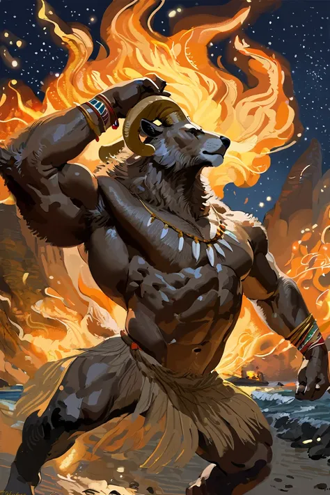 solo, male, anthro, (ram), by seyorrol, digital artwork, ((detailed background)), tribal tooth pendants and bracelets, tribal bonfire near the seashore, starry sky, bright flame, realistic shading, (epic, masterpiece, high quality, 8k, ultra HD, absurd res...