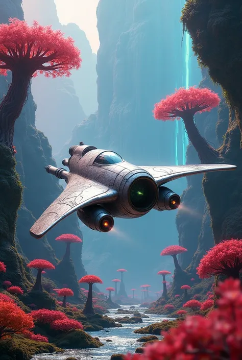 A spaceship flying through a unique landscape with many colours and weird trees