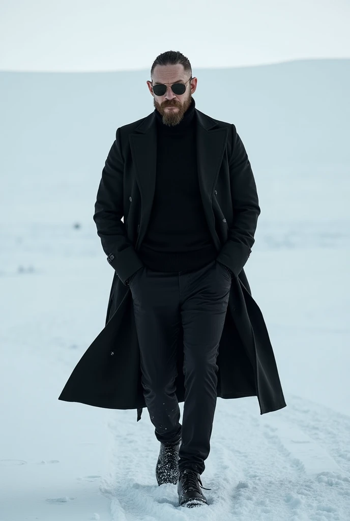 Tom Hardy,black trench coat,black turtleneck,sunglasses,hands in the pocket of his trenchcoat,in the siberia tundra