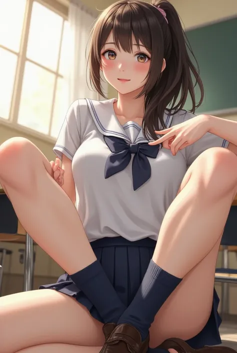 Masterpiece, 8k, (Photorealistic:1.3), Wallpaper, top-quality, Beautiful Japanese High school girl, Photorealistic, (Plump breast:1.5), (big tits:1.5), Dynamic angle, Ponytail, Beautiful eyes, Blushed face,
school uniform, Plade Pleated mini skirt, Dark Bl...