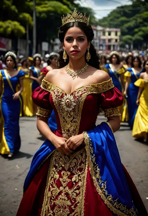 (Ultra 4K,  better quality),  realistic style  ,  Detailed  ,  of a beautiful young Venezuelan woman ,   Dressed in a beautiful   ,long and wide queen dress  ,What does the culture of Venezuela represent 