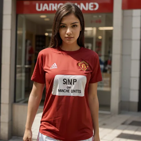 a beauty women, stand up pose, upper body, detail shirt, red shirt, Manchester United written on the shirt