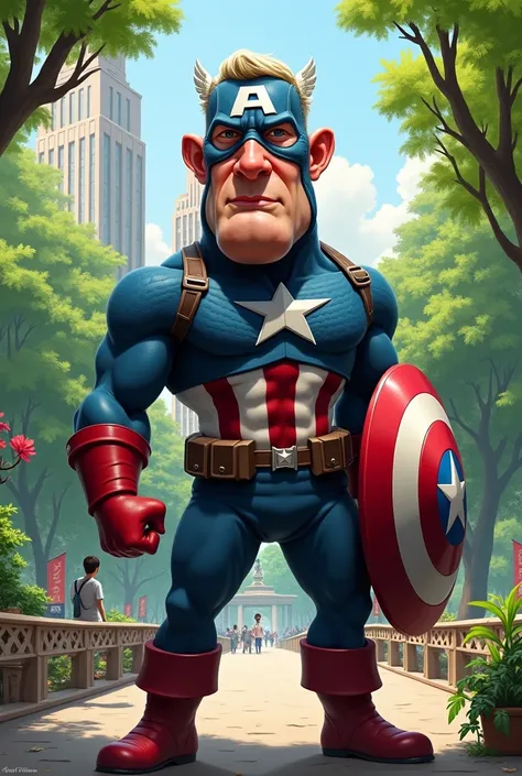 Caricature of Captain America with an excessively large head in Central Park 