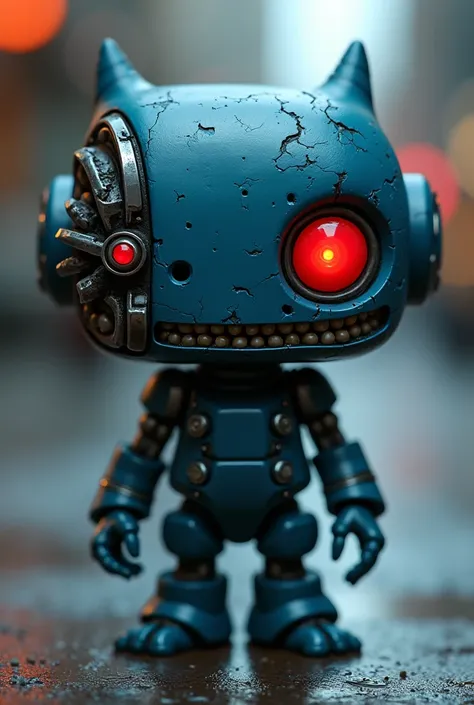 Funko pop of a dark blue wobly with a robotic quarter face and a red eye 