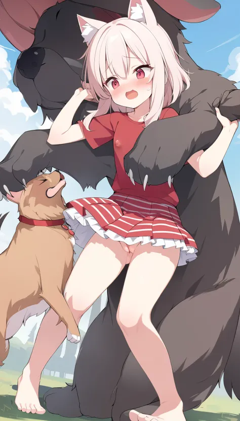 bestiality、anime cat girl, Plain red tshirt with protruding nipples、red and white striped mini skirt、When you lift up her skirt, dog shows its penis、fluffy, red frilly flared skirt、barefoot、Dog licks girl pussy、bestiality