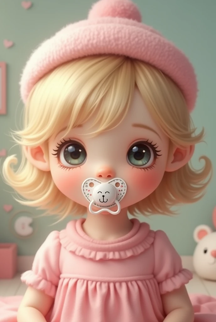 Baby girl with pacifier with drawings pink dress and pink cap a blonde 
