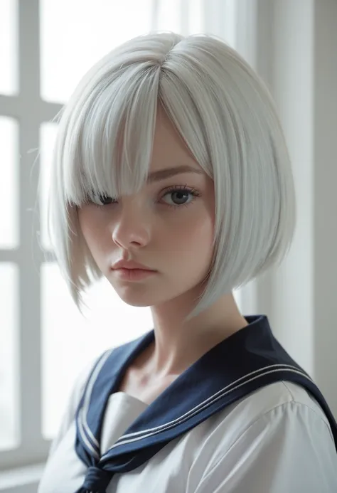 (masterpiece), fiona frost, white hair, short hair, black eyes, 1girl, solo, hair over one eye, sailor collar, school uniform, serafuku, looking at viewer, closed mouth