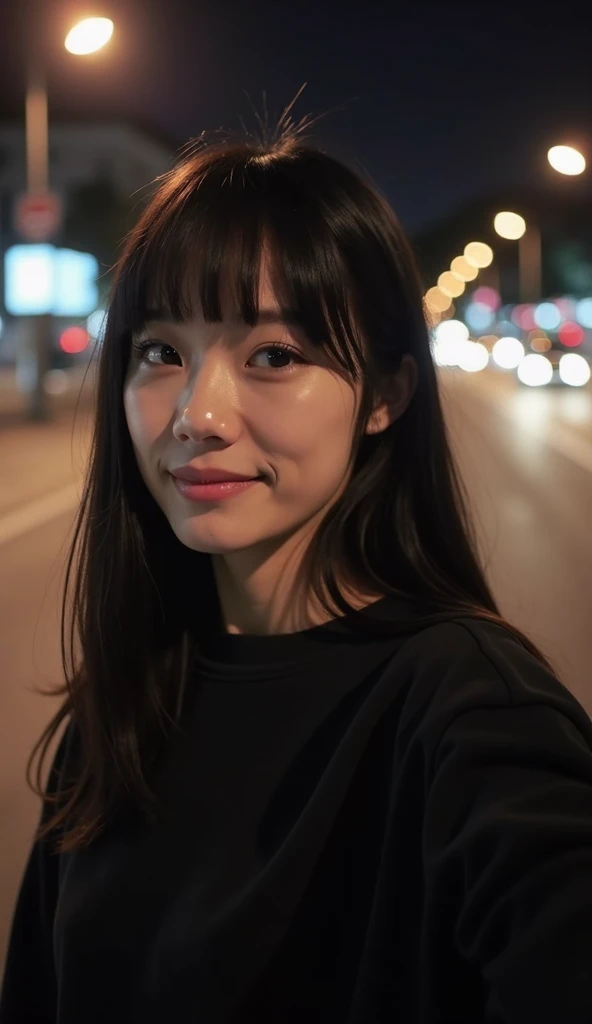  A fair-skinned young woman , Asian-looking,  shes taking a selfie . She has black hair with Wolfcut style bangs , and clear eyes.   The facial expression is happy and seductive . The skin tone is clear . The body is thin. She wears a black sweatshirt.   T...