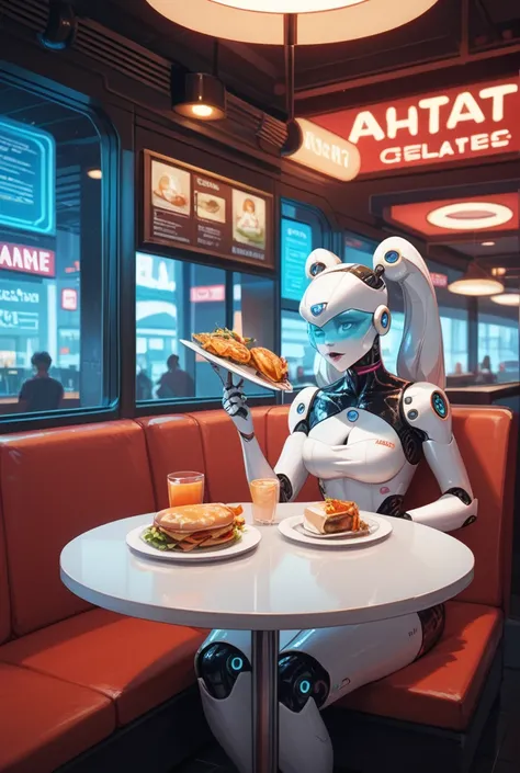 Futuristic restaurant ,  with empty tables and robot attendants,with neon details,