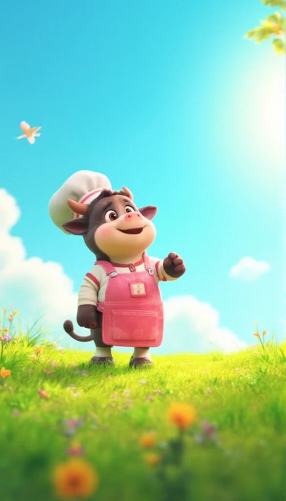 A humanoid cow named Chef Moo, wearing a pink polka-dot apron and chef’s hat, standing in a sunny green field, looking up at the sky with dreamy eyes. Birds are flying high in the clear blue sky. The background is filled with lush green grass, colorful flo...