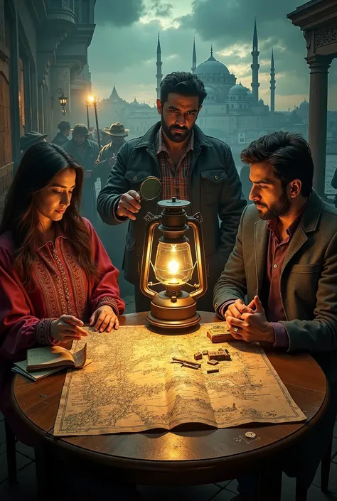 A dramatic poster featuring a weathered map with cryptic symbols on an old wooden table, lit by a flickering lantern. Around the table, Mona Hashmi, a bold British-Pakistani woman, holds a map piece; Fawad Khan, a rugged South Asian man, clutches a journal...