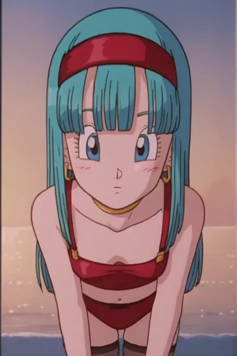 source_anime, score_9, score_8_up, score_7_up, anime screencap, 
bulla, long hair, straight hair, aqua hair, blue eyes, looking at viewer, red hairband, closed mouth, bangs, bare shoulders, 1girl, solo, blushing, sexy face, grass, sunset, Watching the suns...