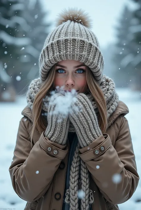 Cold weather hats, cold weather clothing. Mittens. white breath Its snowing. long hair. blue eyes.