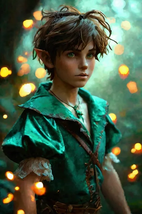 Peter Pan, Gothic neverland backdrop, Peter Pan character in green and brown neverland inspired attire. Peter Pan has short brown mangy hair, animal skin clothing, tattered short shoulder cape, hovering in the air beside a tiny female pixie. Castlevania am...