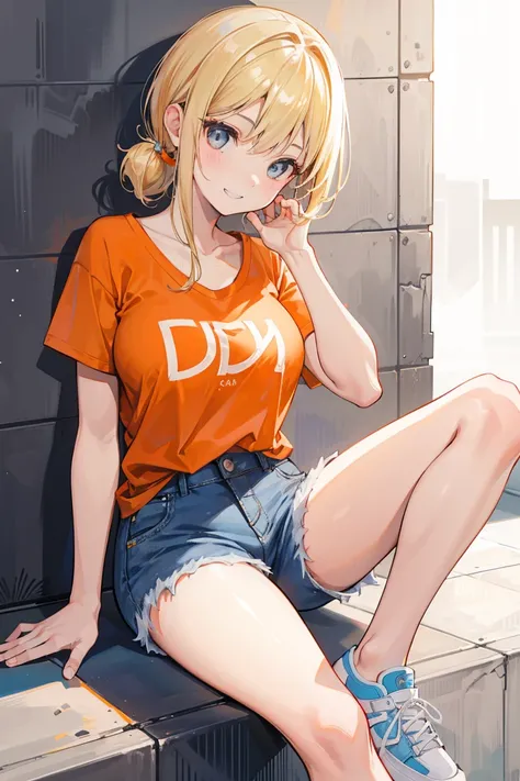 1girl, solo, blonde hair, low ponytail, grey eyes,  light grin, medium breasts, orange t-shirt, denim shorts, light blue sneakers, frow below