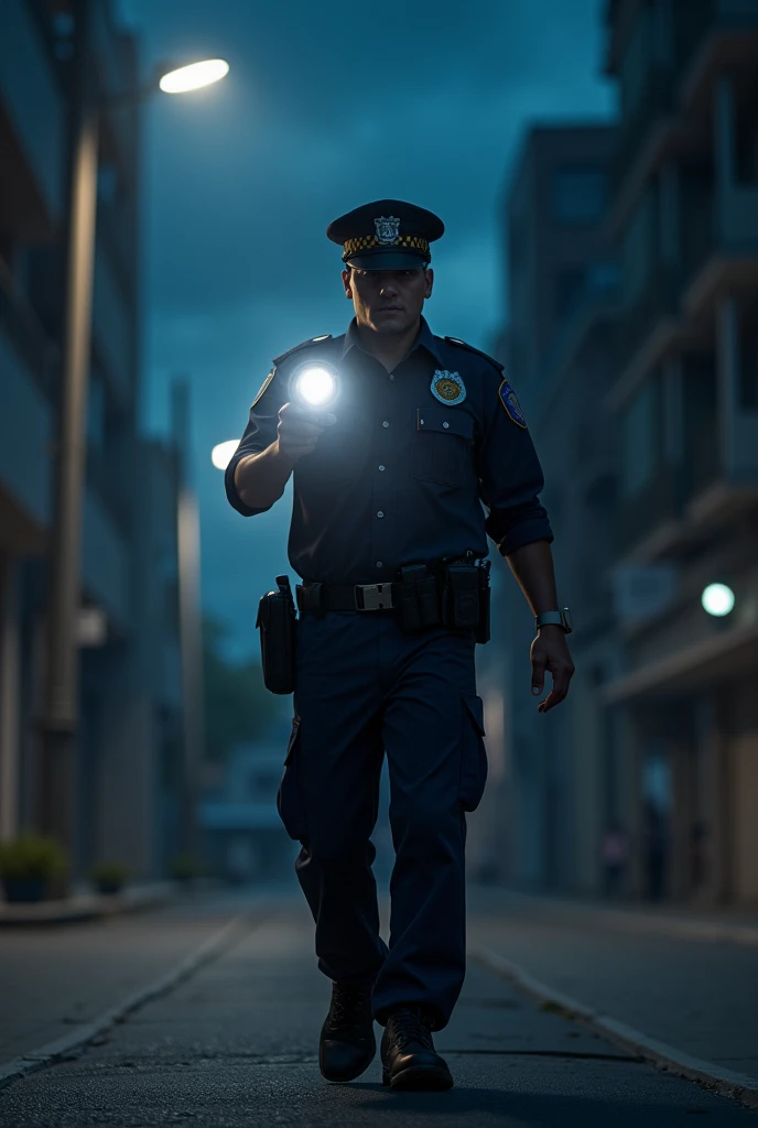 An image of a Chilean police officer with a flashlight at night 