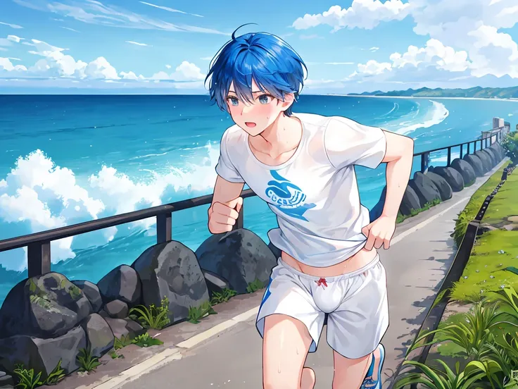 The blue-haired, short-haired wizard man is sweaty, naked, and running along the coast wearing white boxer shorts
