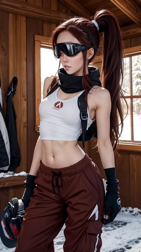 Slender girl, dark red hair, messy ponytail, hourglass figure, sun-kissed skin, tanktop, baggy 
snowboarding pants, goggles on head, inside of ski lodge setting, nsfw,