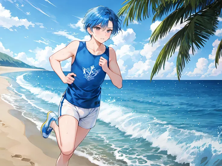 The blue-haired, short-haired wizard man is sweaty, naked and running along the coast in white boxer shorts