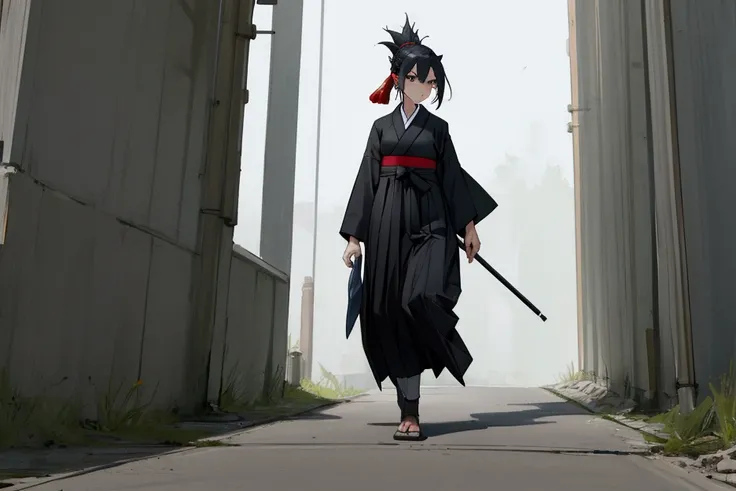 A female character wearing a hakama suit is walking forward along the path, standing far away.