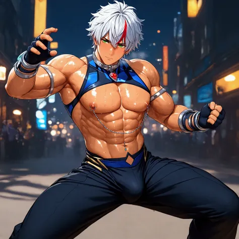 1boy, shine tan skin, muscular, sweat, sci-fi, colorful sleeveless body suits, bulge, fingerless grove, shoes, collar, nipples cutout, navel cutout, nipple chain with jewel, city street, fighting pose, sunshine, short hair, messy hair, silver hair, red str...