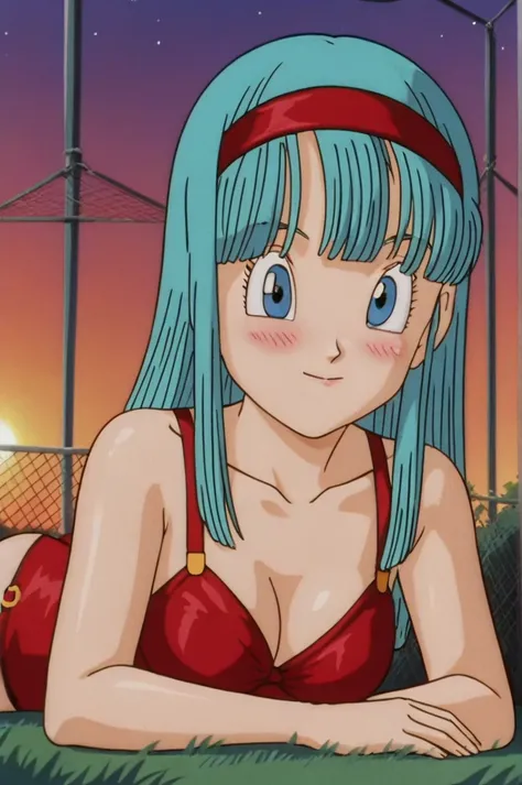 source_anime, score_9, score_8_up, score_7_up, anime screencap, 
bulla, long hair, straight hair, aqua hair, blue eyes, looking at viewer, red hairband, closed mouth, bangs, bare shoulders, 1girl, solo, blushing, sexy face, grass, sunset, Watching the suns...