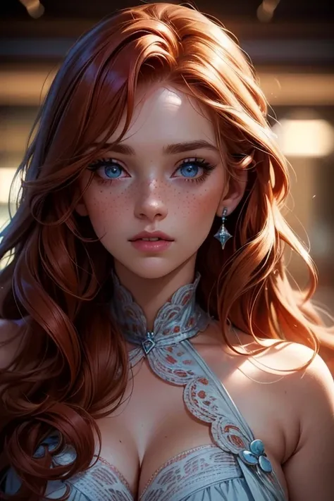 a beautiful woman, detailed ginger hair, long curly hair, light blue eyes, coquette style, full lips, long eyelashes, button nose, light freckles, red eyebrows, (best quality,4k,8k,highres,masterpiece:1.2),ultra-detailed,),detailed portrait,high quality po...